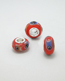 Zilveren glas bead - deco rood met oog