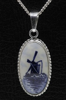 Zilveren Molen Delftsblauw ovaal 28mm ketting hanger