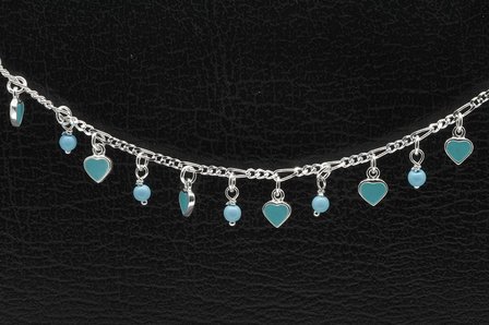 Zilveren hartjes turquoise Tiener armband - 16 cm