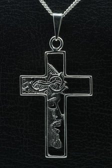 Zilveren Kruis met Jezus gezicht groot gezwart ketting hanger