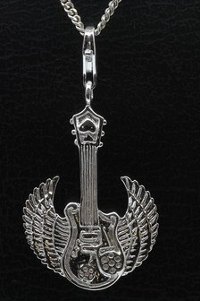 Zilveren Gevleugelde gitaar hanger &eacute;n bedel