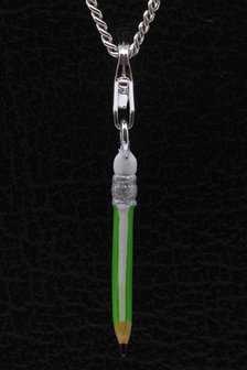 Zilveren Potlood groen met gum groen hanger &eacute;n bedel