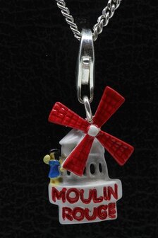 Zilveren Moulin Rouge rood/wit hanger &eacute;n bedel