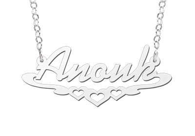 Zilveren Naamketting &quot;Anouk&quot; met hartjes