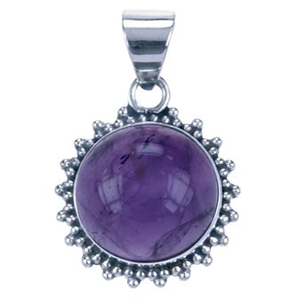 Zilveren Amethyst rond met kartelrand ketting hanger