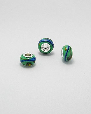 Zilveren glas bead - deco groen bewerkt