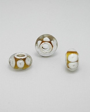 Zilveren glas bead - deco bruin/wit