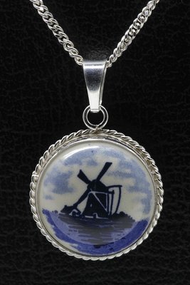 Zilveren Molen Delftsblauw rond 22mm ketting hanger