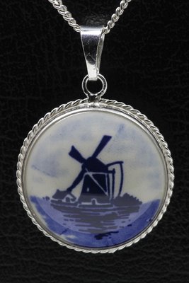 Zilveren Molen Delftsblauw rond 26mm ketting hanger