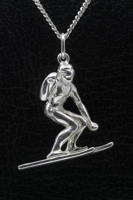 Zilveren SkiÃ«r Slalom ketting hanger - groot