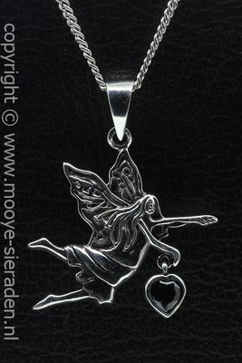 Zilveren Engel met kristal zwart hart ketting hanger