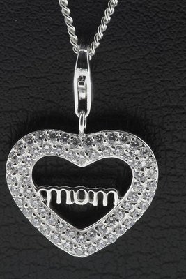 Zilveren Hart strass met tekst MOM hanger en bedel