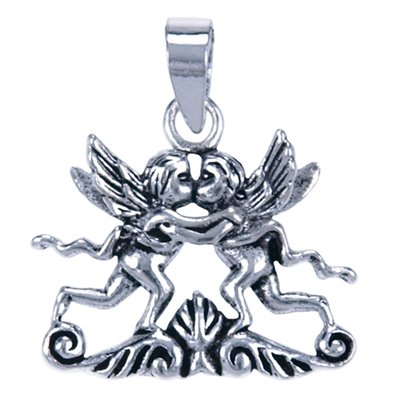 Zilveren Cupido's kussend ketting hanger